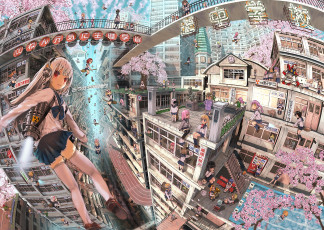 Картинка аниме город +улицы +здания фон взгляд девушка