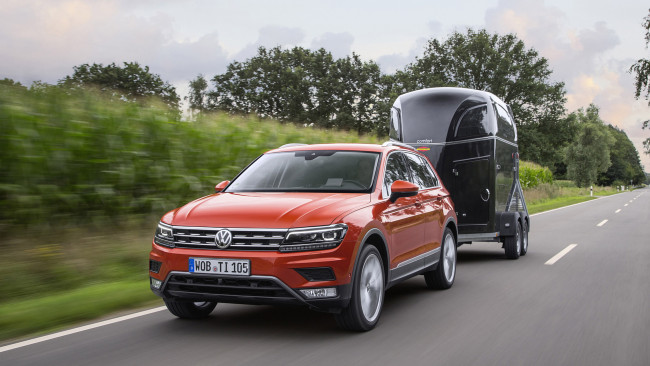 Обои картинки фото volkswagen tiguan with a trailer 2017, автомобили, volkswagen, tiguan, trailer, 2017