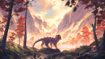 Картинка фэнтези существа животное лес скалы ручей