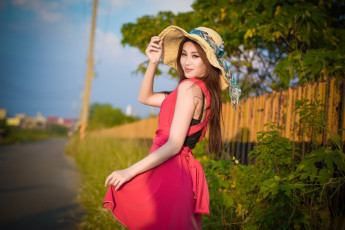 Картинка девушки -+азиатки азиатка платье шляпа поза