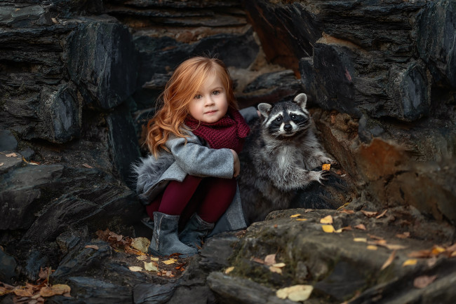 Обои картинки фото разное, дети, девочка, осень, енот, пальто, raccoon, little, girl