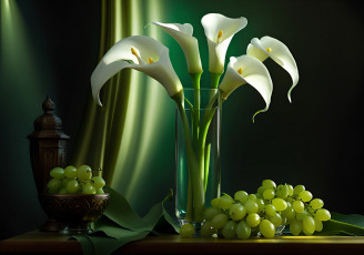 Картинка еда виноград зеленый белые каллы букет