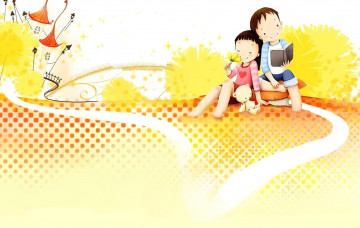 Картинка рисованное дети мальчик девочка книга мишка дом цветы
