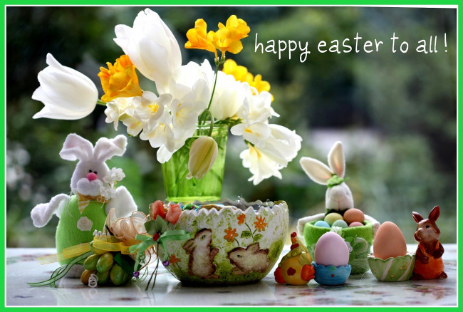 Обои картинки фото праздничные, пасха, цветы, кролики, яйца