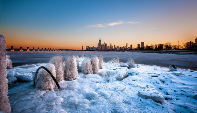Обои картинки фото chicago, города, Чикаго, сша, закат, лёд, бухта, зима
