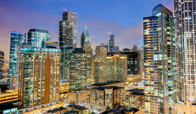 Обои картинки фото chicago, города, Чикаго, сша, ночной, город, небоскрёбы