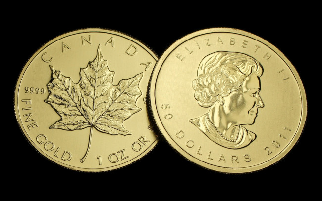 Обои картинки фото разное, золото, купюры, монеты, монета, 5о, долларов, канада