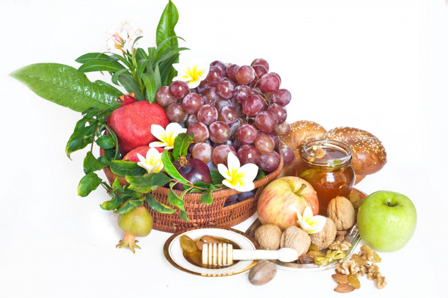 Обои картинки фото еда, разное, орехи, мёд, виноград, яблоки