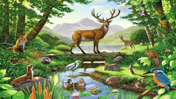 обоя рисованное, животные, рисунок, картина, лес, олень, птицы