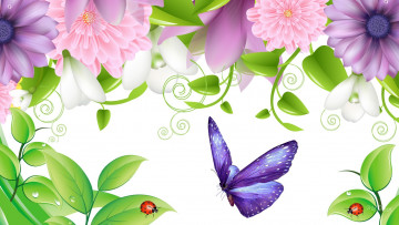 Картинка векторная+графика цветы+ flowers коллаж цветы листья бабочка насекомое божья коровка