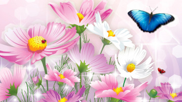 обоя векторная графика, цветы , flowers, коллаж, цветы, космея, бабочка, насекомое, божья, коровка