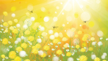 обоя векторная графика, цветы , flowers, свет, лучи, цветы, трава, стрекоза, коллаж