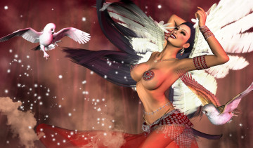 Картинка 3д+графика ангел+ angel девушка взгляд фон совы крылья