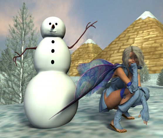 Обои картинки фото 3д графика, фантазия , fantasy, фея, пирамиды, снеговик, фон, взгляд, девушка