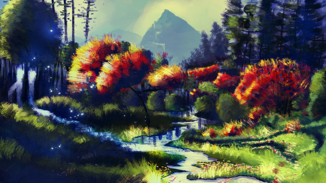 Обои картинки фото рисованное, природа, деревья, река, осень, пейзаж
