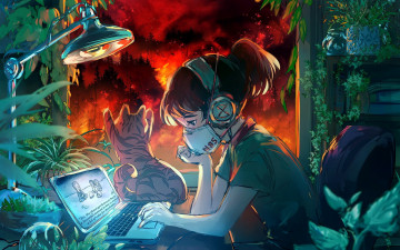 обоя аниме, unknown,  другое , девочка, маска, кот, компьютер, пожар