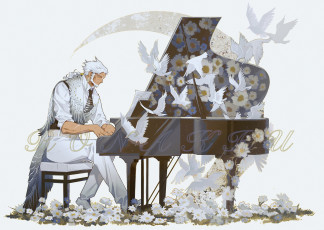 обоя аниме, музыка, мужчина, крылья, рояль, голуби, цветы