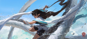 Картинка аниме животные +существа девушка ушки вода магия дракон