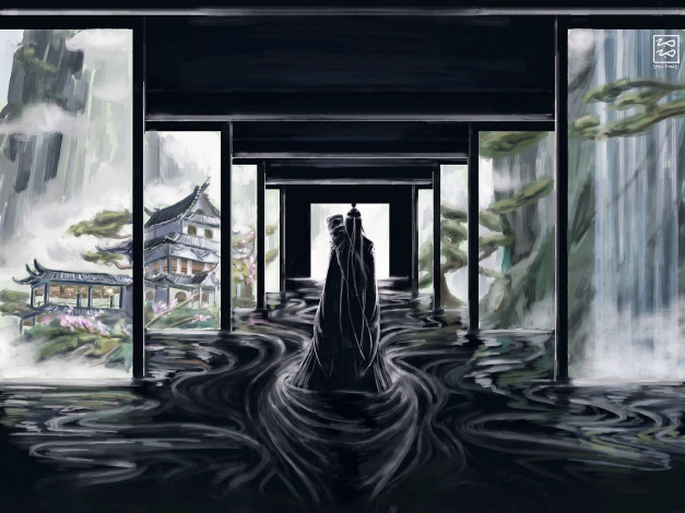 Обои картинки фото аниме, mo dao zu shi, лань, ванцзи, вода, облачные, глубины