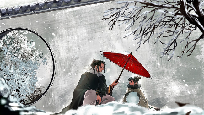 Обои картинки фото аниме, mo dao zu shi, не, минцзюэ, хуайсан, зонт, снег, стена
