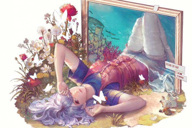 Обои картинки фото аниме, unknown,  другое , девушка, цветы, бабочки, море, рамка