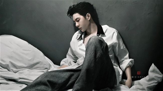 Обои картинки фото мужчины, wang yi bo, актер, постель