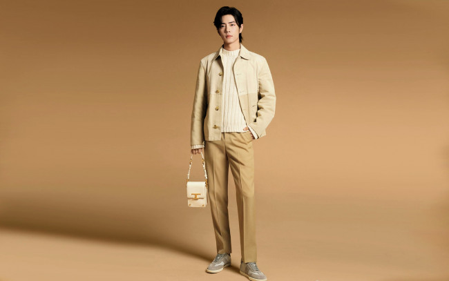 Обои картинки фото мужчины, xiao zhan, актер, свитер, куртка, сумка