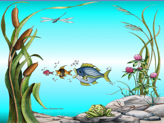 Обои картинки фото рисованные, животные, лягушка, рыба