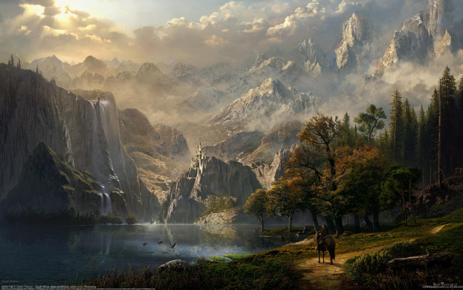 Обои картинки фото sarel, theron, фэнтези, пейзажи, горы, водопад, озеро, деревья, всадник