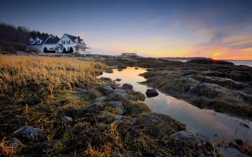 Картинка природа побережье домик закат