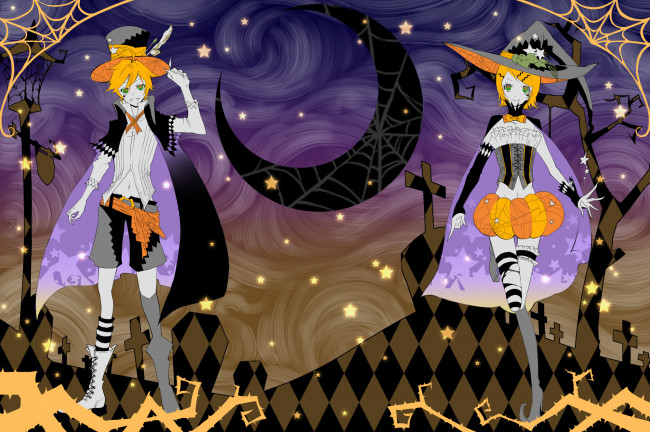 Обои картинки фото аниме, vocaloid, halloween, kagamine, rin, len