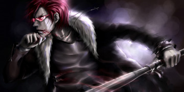 Картинка аниме -weapon +blood+&+technology очки меч крестик кровь парень арт