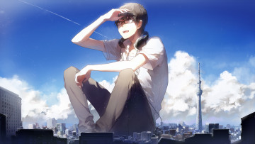 Картинка аниме -headphones+&+instrumental арт небо гигант сидит наушники город очки парень