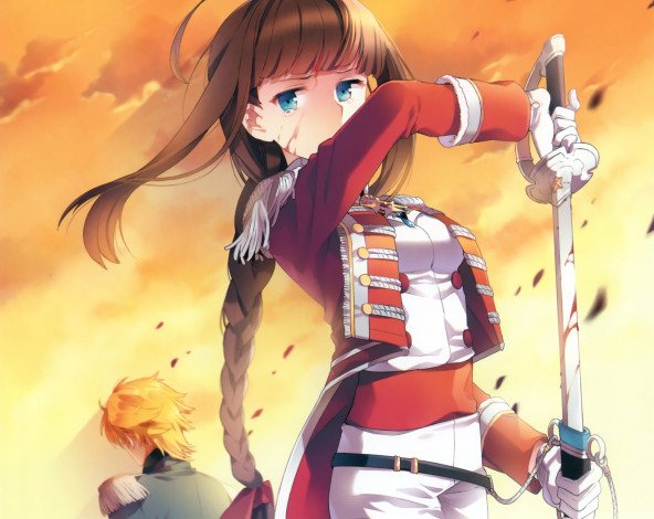 Обои картинки фото аниме, -weapon,  blood & technology, девушка, парень, кровь, слезы, меч, небо, облака, оружие, коса