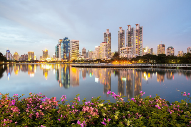 Обои картинки фото города, вода, отражение, парк, кусты, шиповник, здания, небоскрёбы, набережная, bangkok, thailand