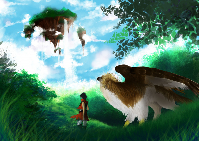 Обои картинки фото аниме, *unknown , другое, небо, орел, парень, арт, природа, вода, облака