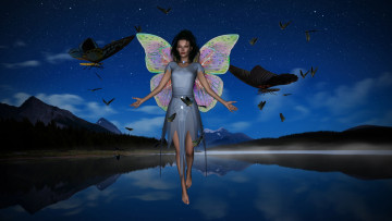 Картинка 3д+графика эльфы+ elves звезды небо горы озеро бабочки фея фон взгляд девушка