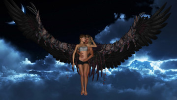 Картинка 3д+графика существа+ creatures облака демон полет фон взгляд девушка