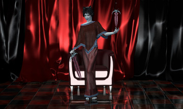 Картинка 3д+графика фантазия+ fantasy девушка фон взгляд кресло оружие