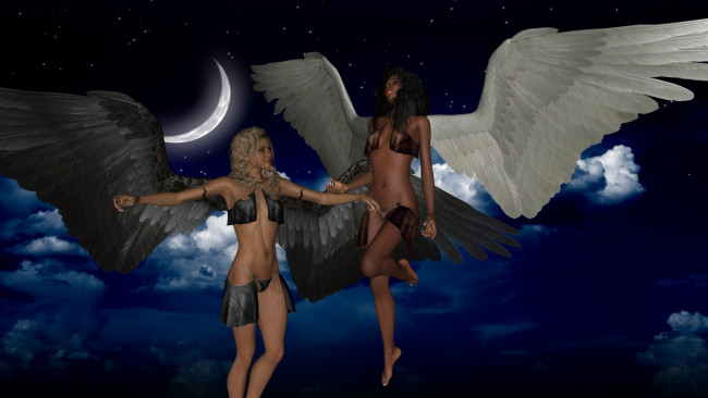 Обои картинки фото 3д графика, ангел , angel, взгляд, облака, поле, луна, небо, ангелы, фон, ночь, девушки