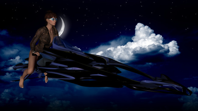 Обои картинки фото 3д графика, фантазия , fantasy, полет, фон, взгляд, девушка, облака, луна, ночь