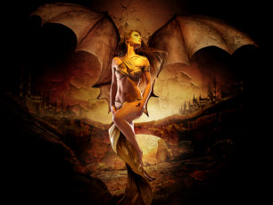 Картинка фэнтези демоны девушка фотоарт замок крылья демон