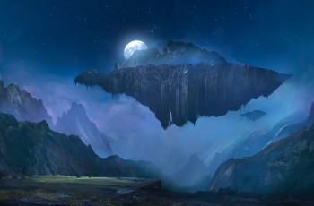 Картинка фэнтези пейзажи полнолуние летающий остров art ночь луна горы звезды небо