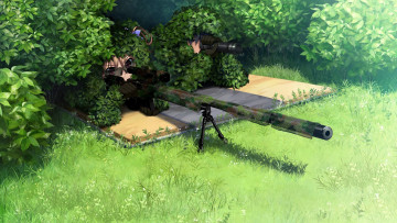 Картинка аниме grisaia+no+kajitsu art fumio grisaia no kajitsu makina irisu yuuji kazami маскировка двое бинокль снайпер винтовка прицел кусты трава