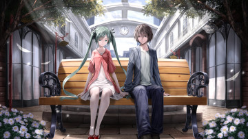 Картинка аниме vocaloid фон девушка взгляд скамейка парень цветы часы