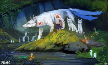 Картинка аниме mononoke+hime art kalambo mononoke hime moro волк божество лес ручей духи стрекоза маска копье