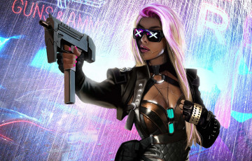Картинка фэнтези роботы +киборги +механизмы фантастика sci-fi cyberpunk девушка блондинка очки оружие