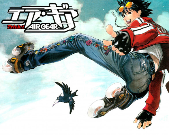 Обои картинки фото аниме, air gear, air, gear, itsuki, minami, ролики, джинсы, ворона, прыжок, эйфория, очки