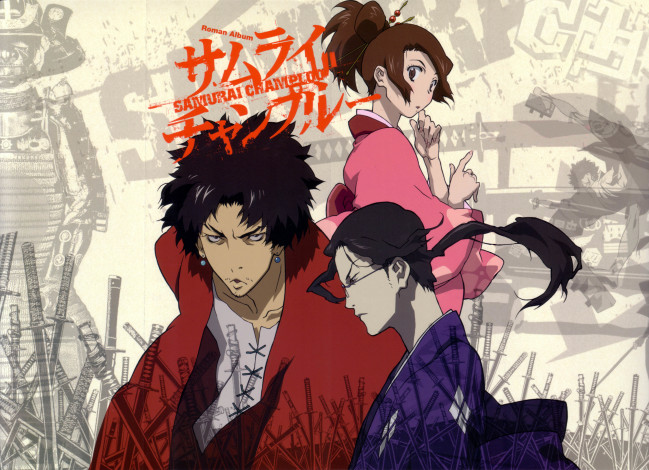 Обои картинки фото аниме, samurai champloo, art, kazuto, nakazawa, samurai, champloo, jin, fuu, mugen, самурай, чамплу, трое, кимоно, очки, катана, доспехи, иероглифы