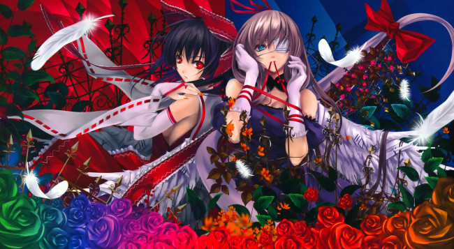 Обои картинки фото аниме, touhou, арт, misaki, kurehito, hakurei, reimu, yakumo, yukari, девушки, цветы, розы, повязка, перья, бант, лента